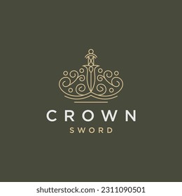 Crown sword line logo icon design template flat vector
