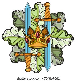 Crown, swords and oak leaves. Vector illustration isolated on white background for tattoos, stickers, printing on T-shirts and other items.