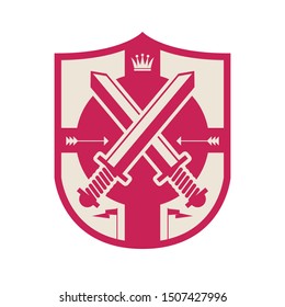 Crown and Swords silhouettes, shield design, abstract vector illustration
