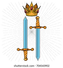 Crown and swords. Vector illustration isolated on white background for tattoos, stickers, printing on T-shirts and other items.