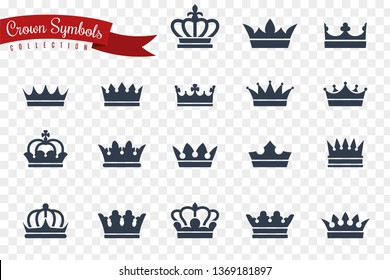 Crown symbols. King queen crowns monarch imperial coronation princess tiara crest luxury royal jewel winner award flat crowns, vector medieval silhouette icons