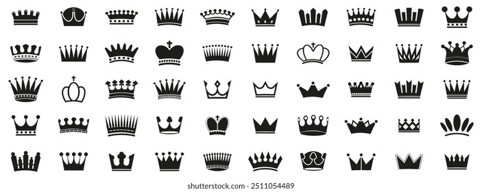 Crown symbols. Set of black crown icons. Black crown sign collection