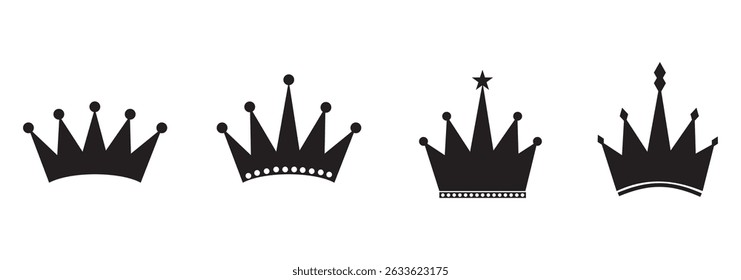 Crown symbols. Set of black crown icons. Black crown sign collection,  vector, silhouette, icon, symbol set. King, Princess. Collection of crown silhouette. Vector illustration. 