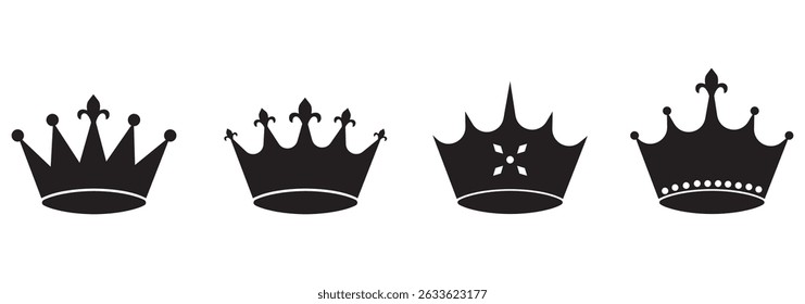 Crown symbols. Set of black crown icons. Black crown sign collection,  vector, silhouette, icon, symbol set. King, Princess. Collection of crown silhouette. Vector illustration. 