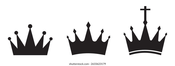 Crown symbols. Set of black crown icons. Black crown sign collection,  vector, silhouette, icon, symbol set. King, Princess. Collection of crown silhouette. Vector illustration. 