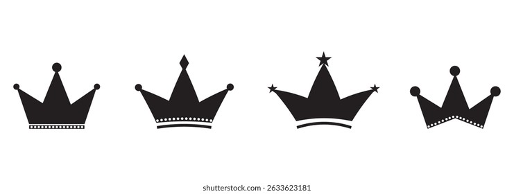 Crown symbols. Set of black crown icons. Black crown sign collection,  vector, silhouette, icon, symbol set. King, Princess. Collection of crown silhouette. Vector illustration. 