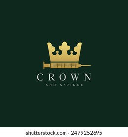 Crown with syringe injection logo design. Premium injection logo vector illustration.