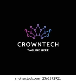 Crown tech line logo design template flat vector