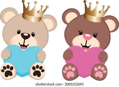 Crown Teddy Bears Una ilustración vectorial de una tira cómica que sostiene el corazón.