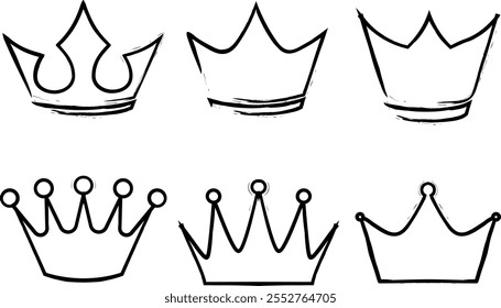 Ícone de linha fina coroa, símbolo de coroa preta. Coleção de coroa de silhueta. Conjunto de ícones de vetor de coroa. Ilustração vetorial com transparente