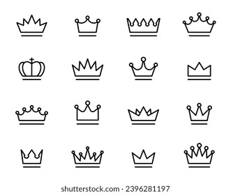 Crown thin line icon set. Silhouette crown collection. Black crown symbol. Editable stroke. Vector illustration.