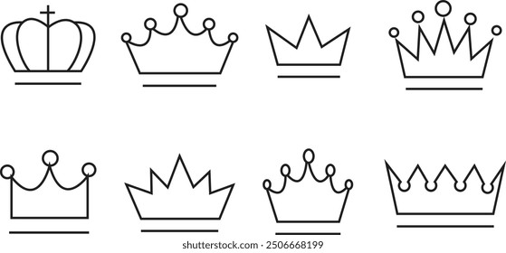 Crown thin line icon set. Silhouette crown collection. Black crown symbol. Editable stroke. Crown vector icon set. Vector illustration with transparent background.