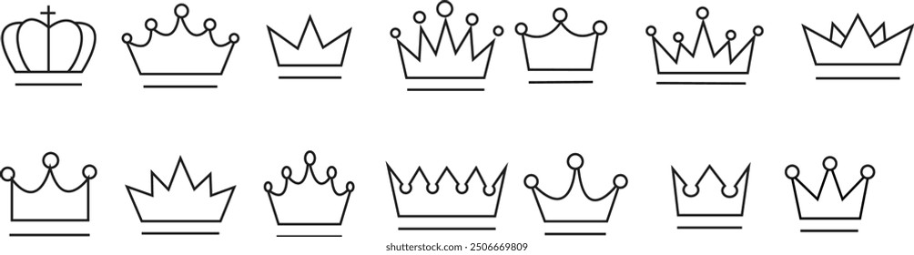 Conjunto de iconos de línea delgada de corona. Colección de la corona de la silueta. Símbolo de la corona negra. Trazo editable. Conjunto de iconos de Vector de corona. Ilustración vectorial con fondo transparente.