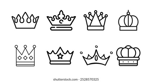 Conjunto de ícones de linha fina Crown. Coleção de coroa de silhueta. Símbolo de coroa preta. Traçado editável. Conjunto de ícones de vetor de coroa. Ilustração vetorial com fundo branco
