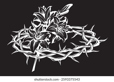 crown of thorns with bouquet of lilies isolated on black background