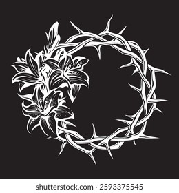 crown of thorns with bouquet of lilies isolated on black background