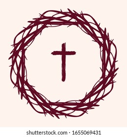 crown of thorns and cross, easter religious symbol of Christianity hand drawn vector illustration sketch