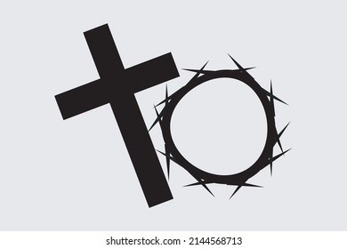 Crown of thorns and the cross symbol vector illustration. Crown of thorns at Easter. Cross sign.  Christian conceptual vector symbol illustration.