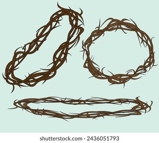 Crown of thorns, drawn in three versions. A thorny plant with branches twisted together to form a wreath - a circle that was placed on the head of Jesus Christ.