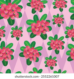 Crown of Thorns Flower Seamless Pattern.A pattern featuring pink Euphorbia Milii flowers. The flowers are surrounded by green leaves and set against a soft pink and purple diamond patterned background