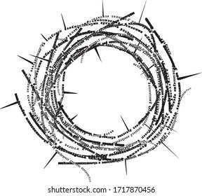 Crown of thorns in the form of printed lines and words. Imitation of text in lines is not readable.