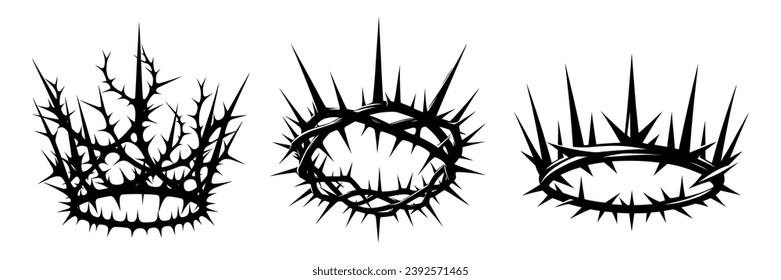 Crown of thorns icons set. Black silhouette of a religious symbol of Christianity. Vector illustration.