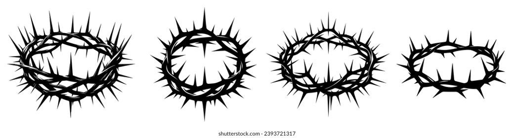 Crown of thorns icons set. Black silhouette of a crown made of thorns on a white background. Christian symbol. Vector illustration