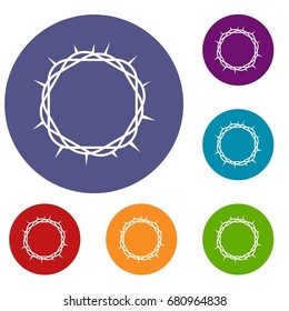 Crown of thorns icons set in flat circle red, blue and green color for web