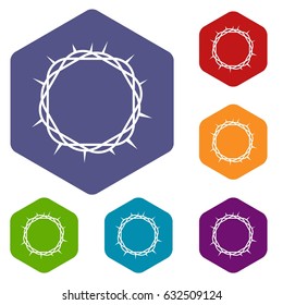 Crown of thorns icons set hexagon isolated vector illustration