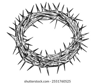 Crown of thorns Jesus Christ. Religious sacred wreath isolated on white background. Monochrome vector illustration.