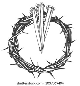 crown of thorns, nails, easter religious symbol of Christianity hand drawn vector illustration sketch