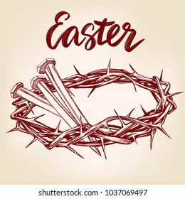 crown of thorns, nails, easter religious symbol of Christianity hand drawn vector illustration sketch