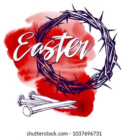 crown of thorns, nails, easter religious symbol of Christianity hand drawn vector illustration sketch