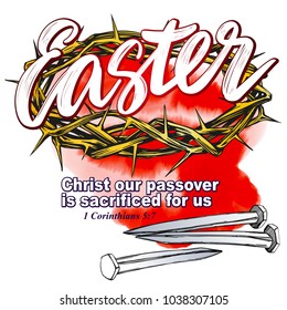 crown of thorns, nails, easter religious symbol of Christianity hand drawn vector illustration sketch