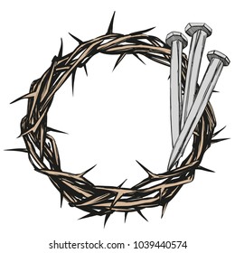 crown of thorns, nails, easter religious symbol of Christianity hand drawn vector illustration sketch