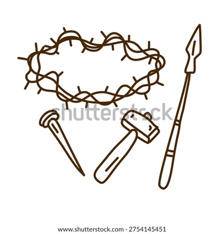 crown of thorns with nails hammer and spear for jesus passion story