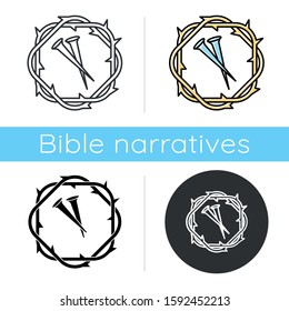 Crown of thorns and nails icon. Symbols of Passion of Jesus Christ. Easter wreath and spikes. Good Friday. New Testament. Flat design, linear and color styles. Isolated vector illustrations