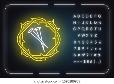 Crown of thorns and nails neon light icon. Symbols of Passion of Jesus Christ. Easter wreath and spikes. Gospel story. Glowing sign with alphabet, numbers and symbols. Vector isolated illustration