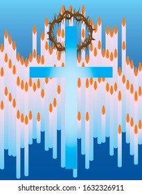 Crown thorns on the background of the cross and candles. Easter card