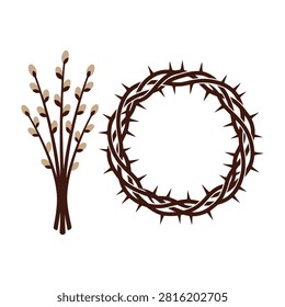 Crown of thorns and pallas branches on white background symbolizing easter and good friday