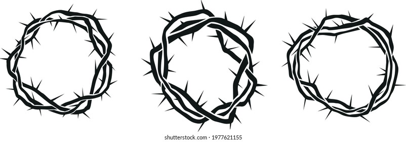 Crown Of Thorns Religious Symbols Set Ink Vector. Collection Of Christ Authentic Crown In Different Views. Religion Engraving Concept Template Hand Drawn In Vintage Style Black And White Illustrations