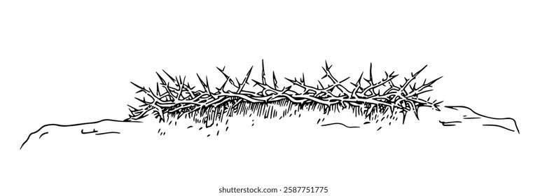 crown of thorns resting on ground in hand-drawn line art style