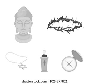 A crown of thorns, a star of David, a priest, a buddha's head. Religion set collection icons in monochrome style vector symbol stock illustration web.