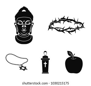 A crown of thorns, a star of David, a priest, a buddha's head. Religion set collection icons in black style vector symbol stock illustration web.