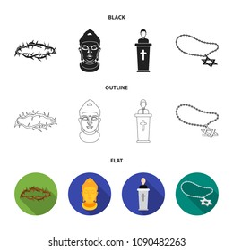 A crown of thorns, a star of David, a priest, a buddha head. Religion set collection icons in black,flat,outline style vector symbol stock illustration web.