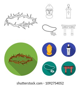 A crown of thorns, a star of David, a priest, a buddha head. Religion set collection icons in outline,flat style vector symbol stock illustration web.