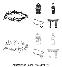 A crown of thorns, a star of David, a priest, a buddha head. Religion set collection icons in black,outline style vector symbol stock illustration web.