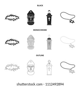 A crown of thorns, a star of David, a priest, a buddha's head. Religion set collection icons in black,monochrome,outline style vector symbol stock illustration web.
