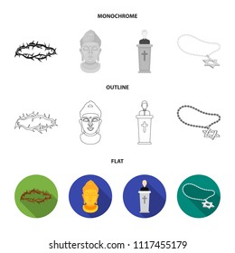 A crown of thorns, a star of David, a priest, a buddha head. Religion set collection icons in flat,outline,monochrome style vector symbol stock illustration web.
