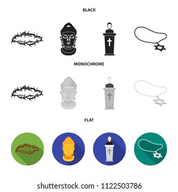 A crown of thorns, a star of David, a priest, a buddha head. Religion set collection icons in black, flat, monochrome style vector symbol stock illustration web.